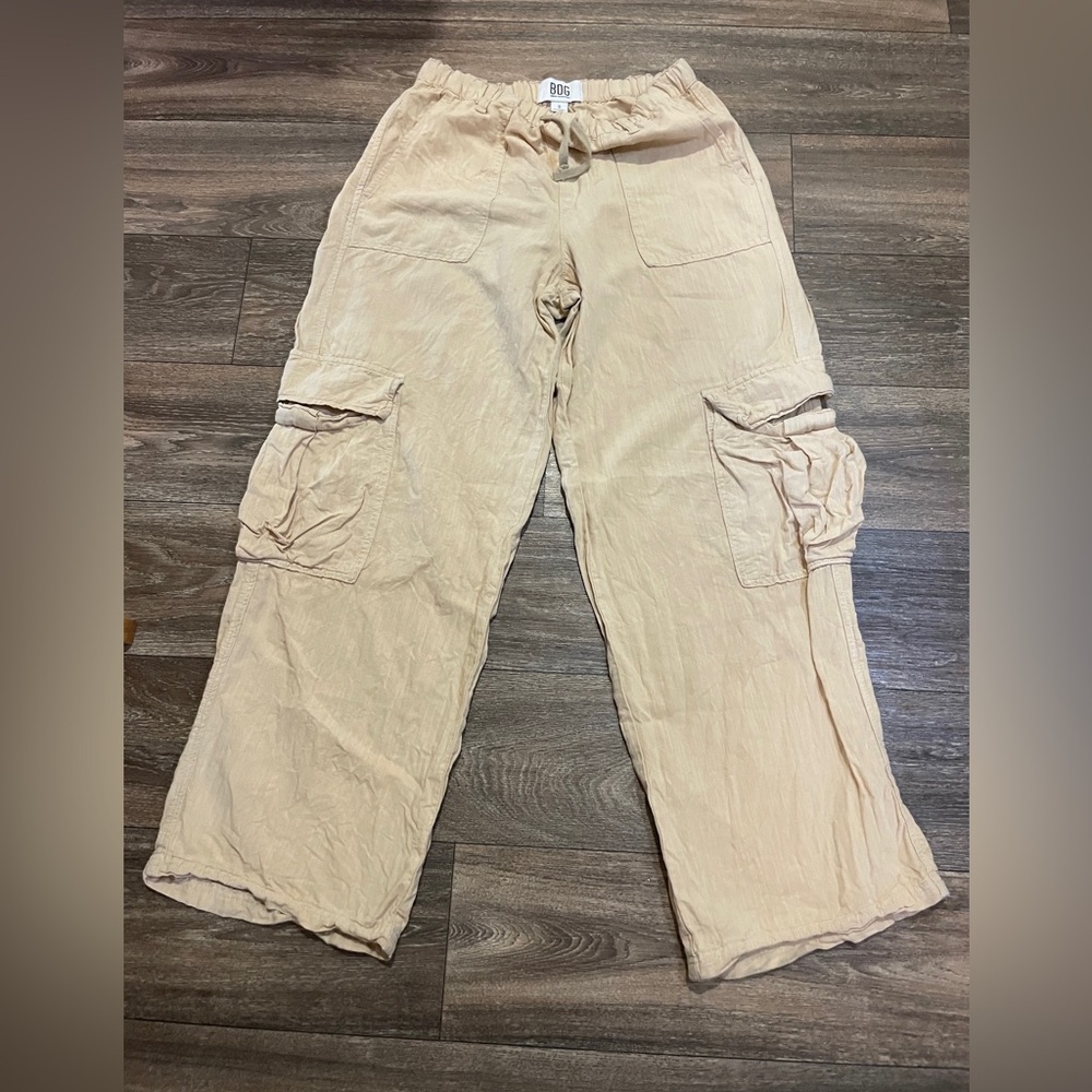 BDG Urban Outfitters Beige Cargo Pants S Wide Leg Y2K Utility 100% Linen - Picture 2 of 7